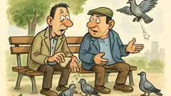 Banc: Doi tipi în parc hrănesc porumbeii